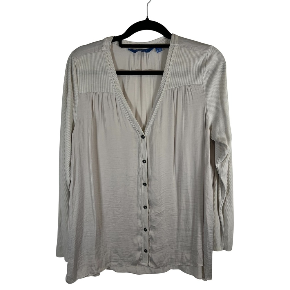 Simply Vera Vera Wang Mixed Media Button Front Blouse Beige XL Ribbed Sleeve Top